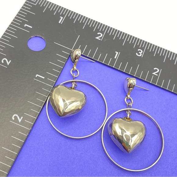 Vintage Circa 1980's Silver Tone Puffed Hearts Circle Hoop Post Earrings - Picture 5 of 7